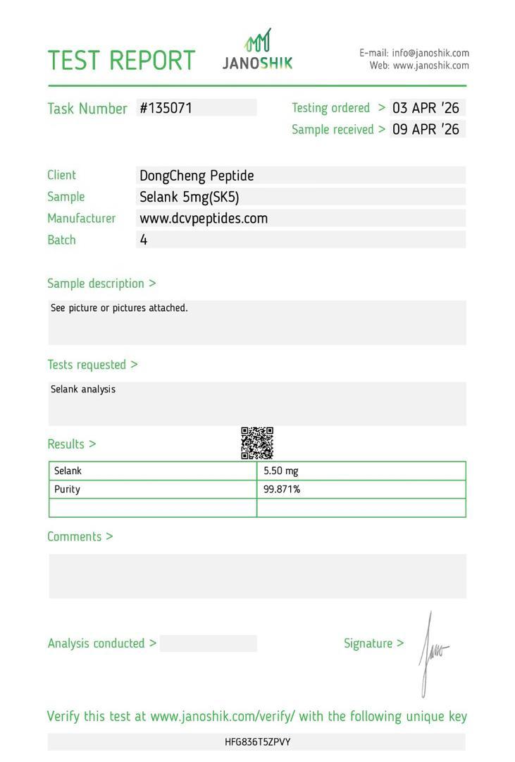 Certificado de análisis COA y pureza HPLC de péptido Selank por Janoshik para Nova Core México.