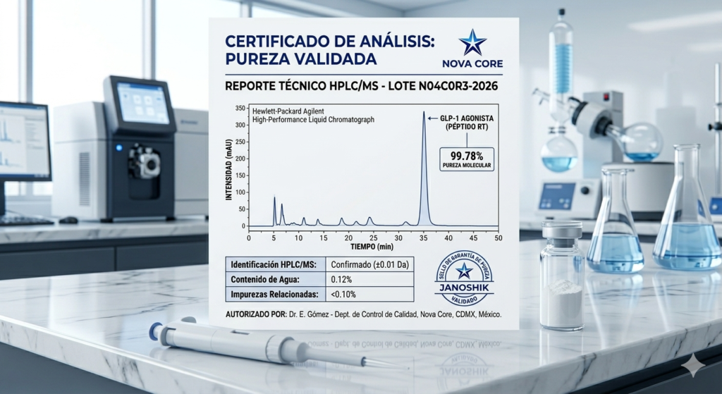 Certificado de Análisis HPLC/MS Nova Core pureza 99.78% validado por Janoshik México para investigación R&D.