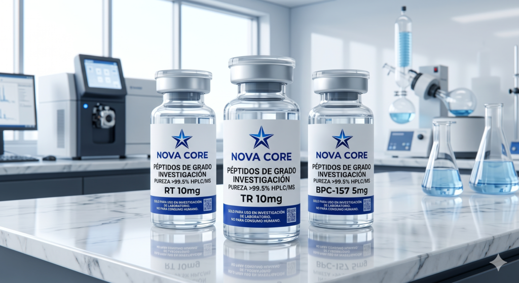 Viales de péptidos de grado investigación RT, TR y BPC-157 de Nova Core con pureza validada por HPLC en entorno de laboratorio.