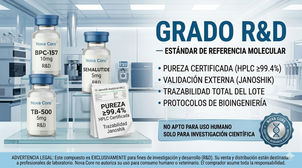 Viales de péptidos grado R&D Nova Core con reporte de pureza Janoshik y certificación HPLC