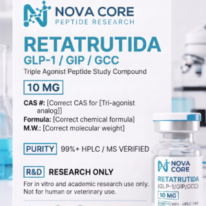 Vial de Retatrutide para investigación de Nova Core Peptide Research, compuesto de estudio triple agonista GLP-1, GIP y GCC.