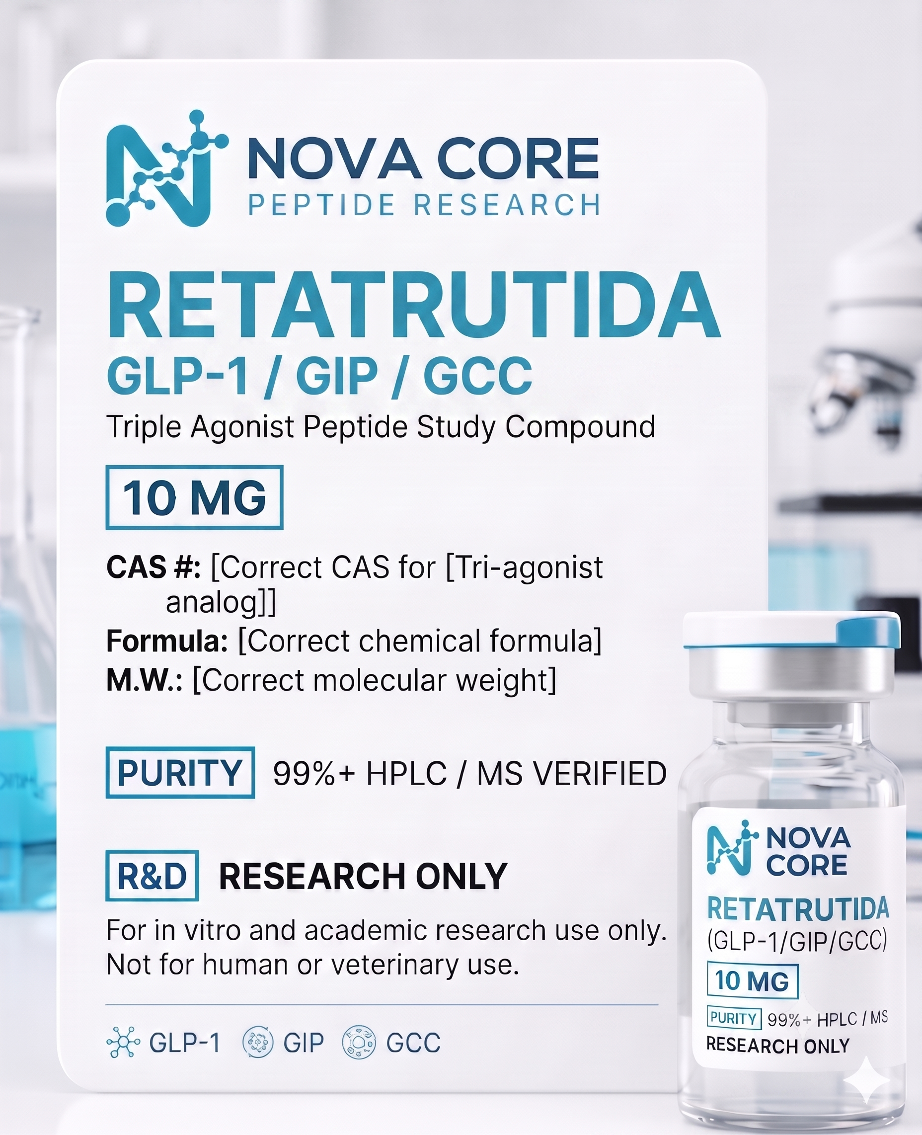 Vial de Retatrutide para investigación de Nova Core Peptide Research, compuesto de estudio triple agonista GLP-1, GIP y GCC.