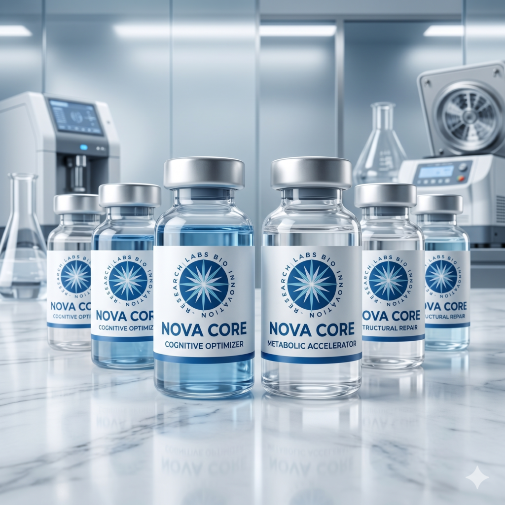 Viales de estándares de referencia TR y RT de Nova Core para protocolos de investigación metabólica y bioenergética celular en laboratorio.