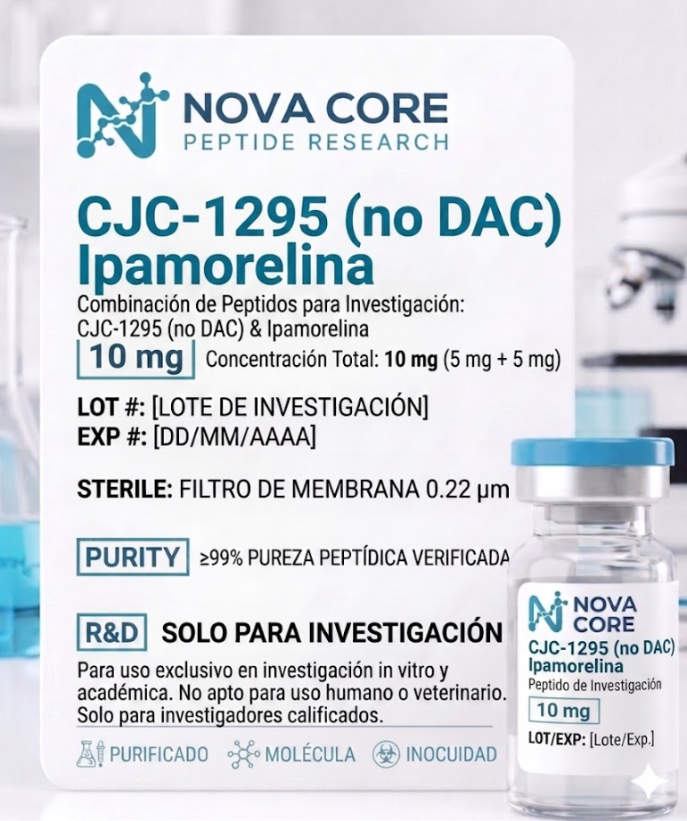 Vial de CJC-1295 no DAC con Ipamorelina 10mg de Nova Core Peptide Research para investigación.
